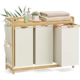 Budu Wäschekorb 3 Fächer aus Bambus - 150 Liter - Wäschesammler mit Ablage -...