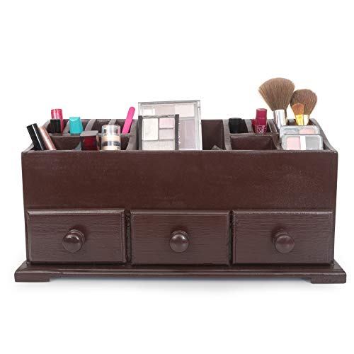 Vanity Drawer Beauty Organizer 3 Drawers - Wooden Cosmetic Storage Box for Neat & Organize Storing of Makeup Tools, Small Accessories at Home & Office Vanities & Bathroom Counter-top (Dark Brown) - Thumbnail 6
