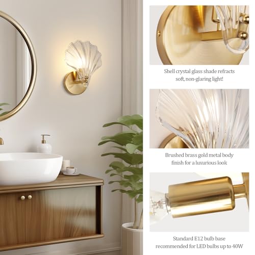 Image of Gold Wall Sconces for Bathroom, Vanity Light Fixtures, Modern Sconces Wall Lights with Clear Shell Shaped Glass Shades, Bathroom Light Fixtures for Living Room, Bedroom, Hallway, mirror, Kitchen, E12
