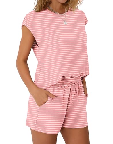 Image of WIHOLL Two Piece Sets for Women Summer Crew Neck Lounge Short Sets Cap Sleeve Drawstring Sweatsuit with Pocket