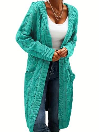 Women's Long Cable Knit Cardigan Sweater with Pockets, Open Front Have Cap