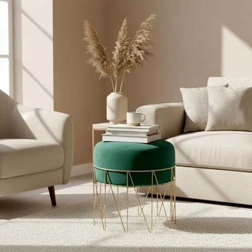 Image of Premium Gold Metal Ottoman Pouffe Stool & Footrest for Living Room & Bedroom | Bottle Green Soft & Classy Mosha Fabric with Linear Frame | 18 inch Height | Luxury Multipurpose Furniture & Home Decor