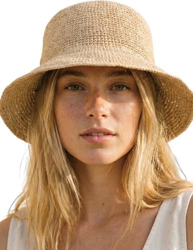 Chapéu de palha de ráfia para mulheres, chapéu de praia de verão, feito à mão, chapéu balde de ráfia natural, boné dobrável para viagem