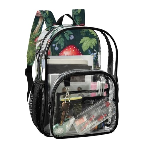Green Mushroom Flower Clear Backpack with Back Print, Heavy Duty See Through Backpacks PVC Transparent Daypack for Travel Security2