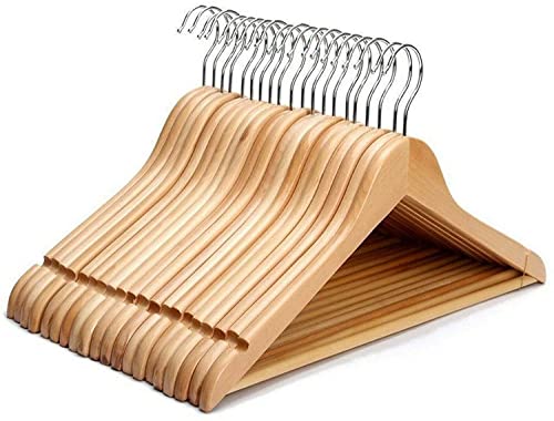 UR CHOICE 20 X Wooden Coat Hangers - Strong Natural Wood with Shoulder Notches & Round Trouser Bar - 360° Rotatable Hook - Durable & Slim Design for All Clothing Types