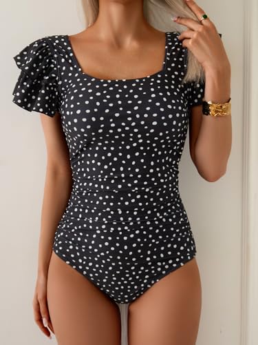 Image of Eomenie Women's Tummy Control One Piece Swimsuit Ruffle Square Neck Bathing Suit Ruched Cutout Back Slimming Swimwear
