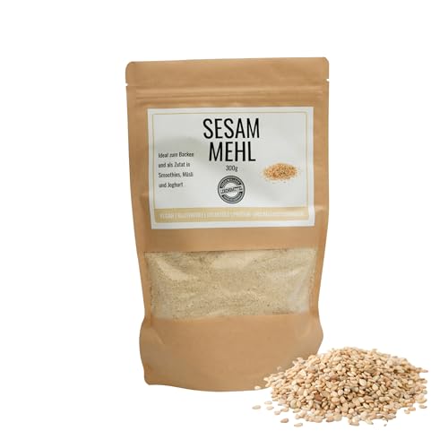 Odenwälder Lebensmittel Harina de sésamo premium, semillas de sésamo finamente molidas, parcialmente desgrasadas con mucha proteína, ideal para hornear y batidos - Fabricado en Alemania - 300 g