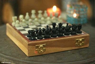India Stone Handicraft Chess Set 8" inch ~ Indian Handmade Unique Gift Chess Board with Wooden Base with Stone Inlay & Stone Pawn Pieces Game Chess Set Hand Carved Gorara Soapstone Marble Chess Set