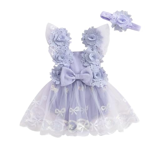 Aiwpstoin Infant Baby Girl Romper Dress Sleeveless Bow Flower Lace Tulle Dress Bodysuit Headband Newborn Summer Outfits (Purple, 18-24 Months)