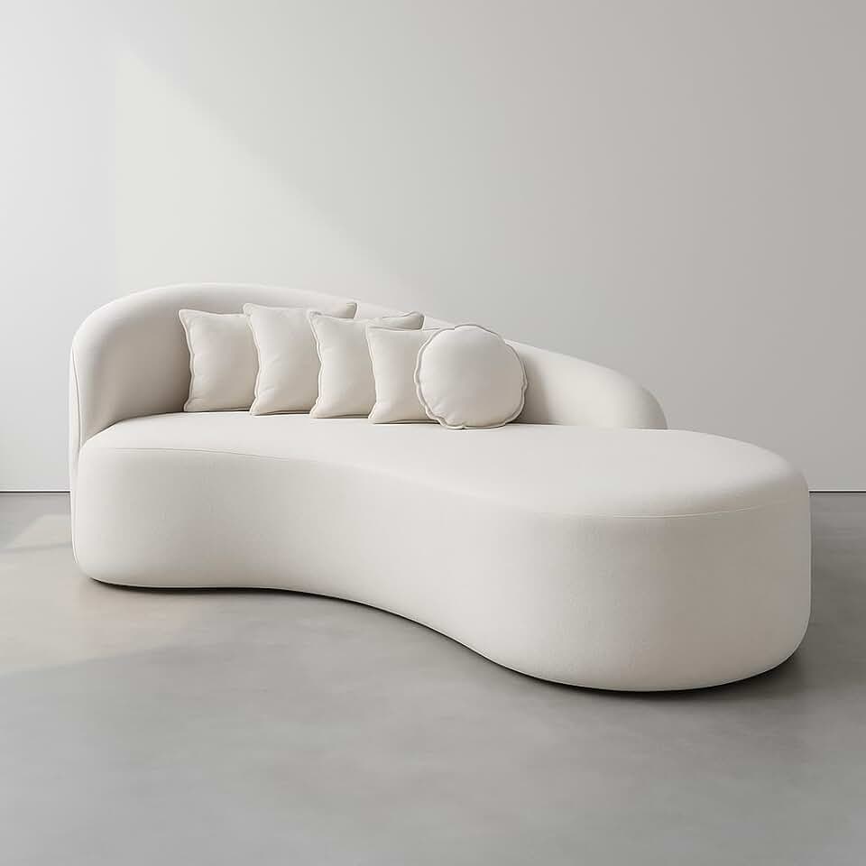 Sofá Orgânico Curvo Meia Lua Luxuoso em Tecido Bouclê com Almofadas Ideal para Salas de estar Minimalistas, Recepçoes, Cafés