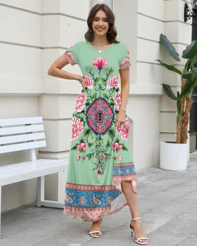 Image of COSSEN Women's Crew Neck Short Sleeve Maxi Dress with Pockets Casual Loose Swing for Wedding Guest Beach Vacation