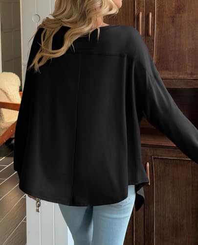 Tankaneo Womens Oversized Long Sleeve V Neck Tops Casual Asymmetrical Hem Loose Fit Shirts Trendy Fall Tunic Tops4