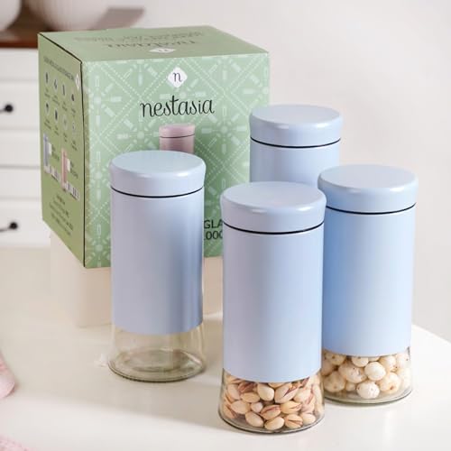 Image of Nestasia Metal Jacketed Glass Jars Set of 4 (1000 ml) | Airtight See - Through Glass Containers with Lids for Kitchen Storage - Ideal for Storing Snacks, Dry Fruits, Pickles or Pulses (Pastel Blue)