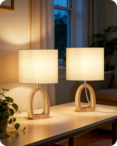 GOEBLESON Lampe de Chevet Lot de 2, Petite Lampe de Table en Bois et Abat-jour en Lin, Lampe à Poser avec Câble, Douille E27, 1 Ampoule LED 2700K Inclus, pour Salon,...