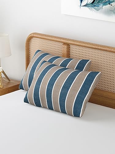 Image of 180 TC Pillow Cover Set of 2 | Pillow Cover Cotton 100% | Pillow Cover Set of 2 King Size | Wrinkle Free & Fade Resistance | Striped Pattern | Standard Size | All Season Use (Blue & Grey)