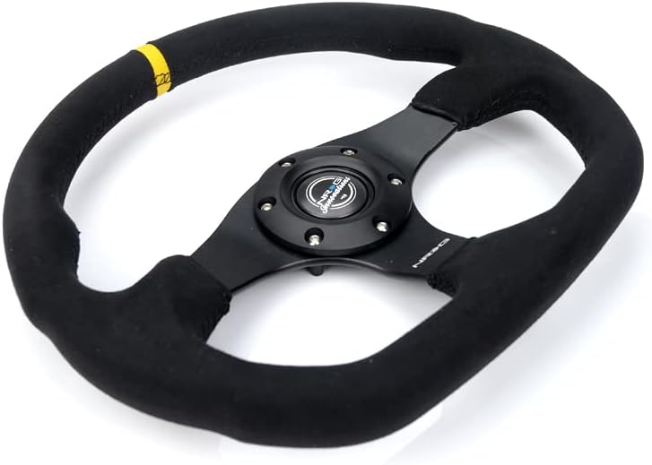 NRG Innovations NRG-RST-024MB-SA-Y Reinforced Steering Wheel - 320mm Sport Alcantara Flat Bottom with Yellow Center Mark