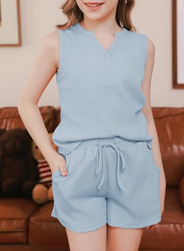 Image of blibean Girls Summer Clothes Set Kids Waffle Pockets Cotton Outfit Size 4-13 Years