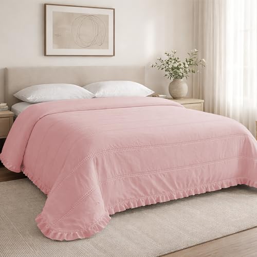 Liniva Home - Colcha Bouti Lavada Termosellada con Volante, SIN Cojines, Ligera para Verano y Entretiempo, 100% Microfibra, Tacto Extra Suave - Modelo Rayas Novara (Novara - Rosa, Cama 180cm)