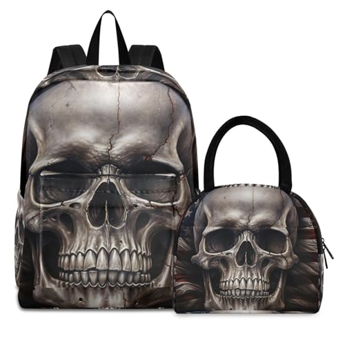 Backpack Lunch Box Set Large Capacity Travel Backpacks and Insulated Lunch Bag for Commute Hiking Picnic Vintage Skull Usa Print