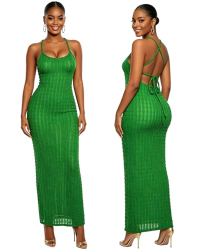 Image of RARITYUS Women's Lace Up Bodycon Maxi Dress Sexy Low Cut Backless Sleeveless Textured Long Party Club Dresses