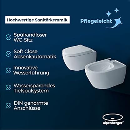 Alpenberger Hänge WC & Bidet | Badezimmer Set | Kloschüssel mit WC Sitz mit Absenkautomatik | Bidet für Intimdusche mit Hahnloch und Überlaufschutz | WC Spülrandlos | Passend Geberit – Bild 6
