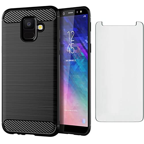 Asuwish Phone Case for Samsung Galaxy A6 with Tempered Glass Screen Protector Cover and Cell Accessories Silicone Slim Soft TPU Rubber Protective A 6 2018 6A A600A A600P Women Men Carbon Fiber Black