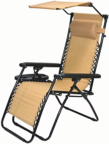 BTEXPERT Set of 2, Adjustable Steel Mesh Zero Gravity Lounge Chairs Outdoor Patio Recliner Beach Yard Garden w/Pillow Sunshade Utility Tray Cup Holder Heavy Weight Capacity, 2Pack TAN Beige w/Canopy - Image 7