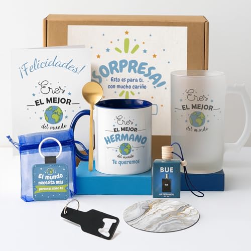 Imagen de Kembilove® Pack Regalo Hermano Regalo Original para Hombre con Jarra Cervecera y Taza Personalizada Detalle Perfecto para Cumpleaños Navidad o Día Especial Caja Sorpresa Emotiva