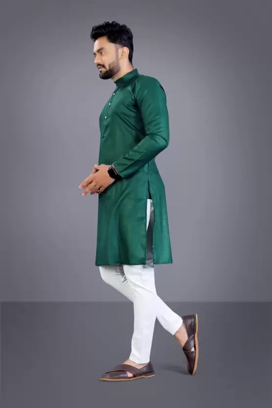 Image of weltpocket Men's Cotton Blend Solid Straight Kurta Pyjama