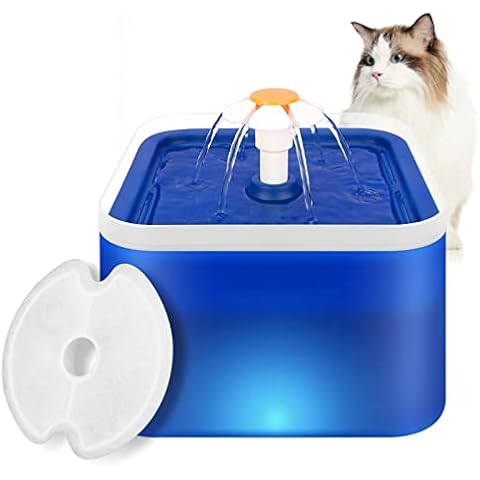 MI CASA Cat Water Fountain, Pet Water Fountain with LED Light, 2L Automatic Electric Flower Style Water Dispenser with Replaceable Filter, Ultra Quiet Pet Drinking Bowl for Cats and Dogs, Blue Cover