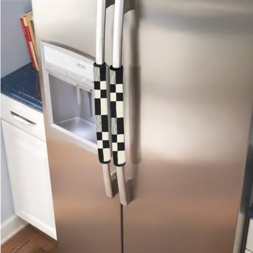 Image of Refrigerator Door Handle Covers Set of 6 Washable Kitchen Appliance Decor Handles Keep Clean Anti-Slip Fridge Accessories Home Decor, Black White Plaid