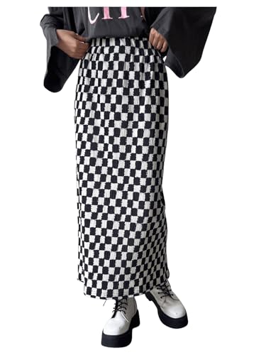Floerns Women's Elastic Waist Plaid Skirt Checker Slit Hem Straight Long Skirt Black and White Large