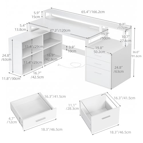 Image of DWVO L Shaped Desk with Drawers, 65 inch Computer Desk with Power Outlets & LED Lights, Corner Home Office Desk with Storage Shelves & Printer Stand, White