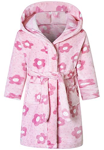 Girls Robe, Cute Hoodie Print Plush Fleece Robe Flannel Bathrobe Sleepwear with Pockets for Gift, Purplish, US 12-18 Months, CN 90