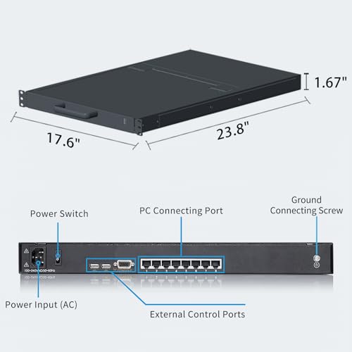 Image of 1U Rack Mount KVM Console, 8 Port Cat5 KVM Switch with 8 HDMI to RJ45 Dongles, 19 inch Rackmount Monitor Keyboard,OSD /Hotkey /Button Switching,1280x1024 60Hz 5:4 Ratio,Compatible with Windows Linux Mac Sun