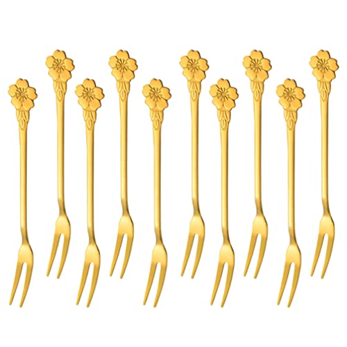 Hemoton Cupcake 10Pcs Stainless Steel Forks with Flower Handle, Forks 2 Prong Tasting Appetizer Forks, Portable Cocktail Salad Fruit Forks (Golden) Stainless Steel Serving Utensils