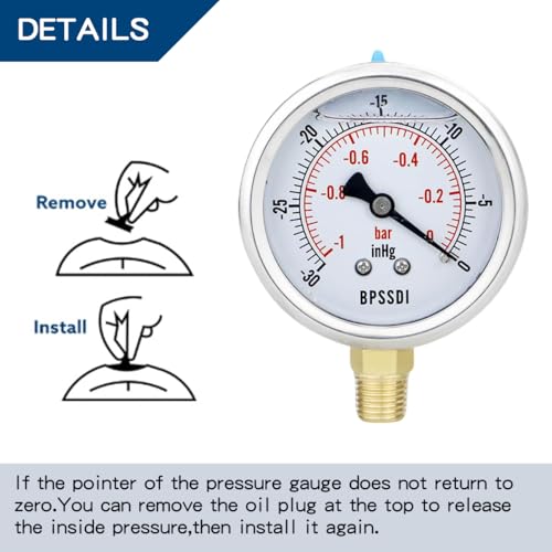 Image of 30 inHg Vacuum Silicone Oil Liquid Filled Low Pressure Gauge, Water Pressure Gauge, 2-1 /2 inch Dial, 1 /4 inch NPT Lower Mount, Stainless Steel Case, for Pneumatic Regulator Air Compressor RV Regulator Test
