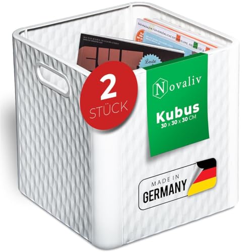 Novaliv 2er Set Aufbewahrungsbox 30x30x30 cm Weiß – Faltbare Boxen für Regalsysteme, Körbe aus Kunststoff mit Griff, ideal als Einsatz im Kallax Regal oder Schrank
