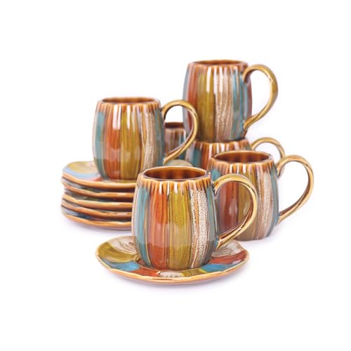 GuangYang Stoneware Tea Cups – 7 oz Set of 6, Hand-Painted Rainbow Glaze (Durable Ceramic for Hot Tea, Coffee, Latte, Cappuccino and Some Specialty drinks) by GuangYang - Used condition - US$18.99