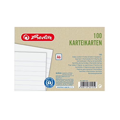Herlitz Karteikarten A6, liniert, Weiß, Blauer Engel, 100 Stück, für Vokabeln, als Lernkarten und Moderationskarten, 50041138