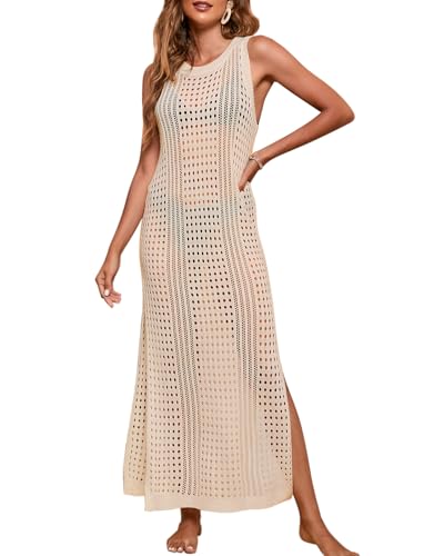 Alsol Lamesa Women’s Crochet Cover Up Hollow Out Side Split Sleeveless Long Beach Dress