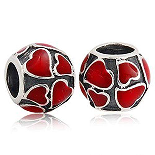 Vintage Love Heart Beads with Red Enamel-925 Sterling Silver Heart Bead Charm Fit DIY Bracelet & Bangle DIY Jewelry (RED