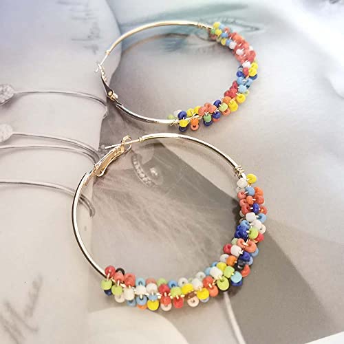 Beaded Hoop Earrings Colorful Beads Geometric Big Circle Earrings Jewelry For Women Girls (Colorful) #TOP4