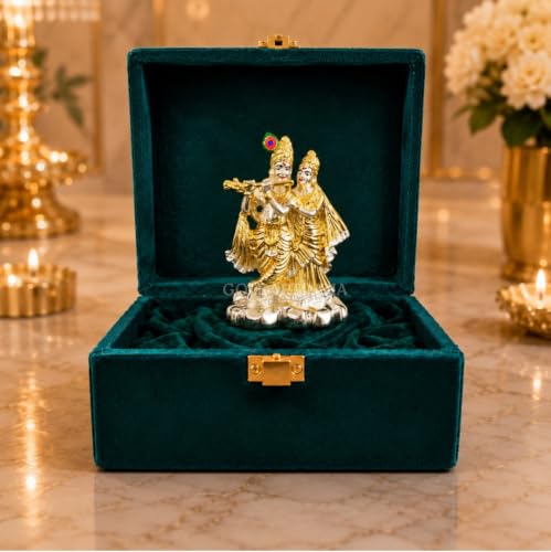 Image of Gold Art India 999 Silver Plated & 24K Gold Plated Radha Krishna Idol with Luxury Velvet Gift Box | 3.7 Inch Radhe Krishna Murti for Wedding Gift, Housewarming, Home Temple