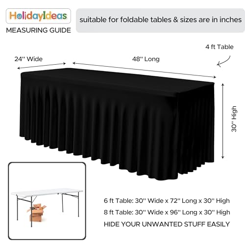 Image of HolidayIdeas Black 4ft Rectangle Spandex Tablecloth 6 Pack Fitted Stretch Table Skirts 24x48 Inch, Ruffle Design Wrinkle-Free Polyester Table Cover for Banquets,Trade Shows, Parties, Events