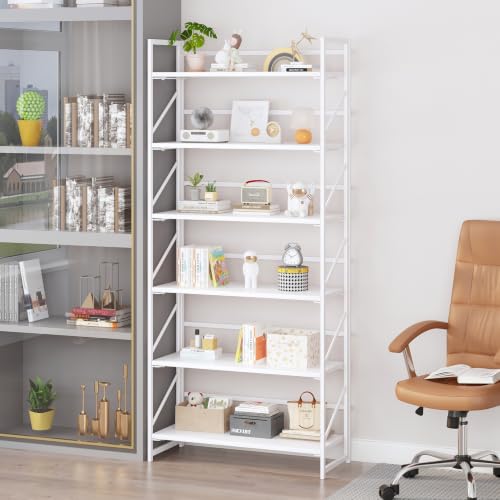 Image of JSB 6 Tier No Assembly Folding Bookshelf, 30.7 inch Wide Foldable Storage Bookcase for Home Office, Space-Saving Storage Shelf for Living Room (All White)