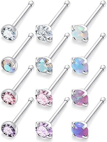Uzgtvy Nose Ring Stud Piercing Jewelry for Women 20G 316L Stainless Surgical Steel Silver Opal Straight Hypoallergenic Sensitive Nose Nostril Ring Pin Bone Bar Stud Body Piercing Jewelry Men 2mm 7mm