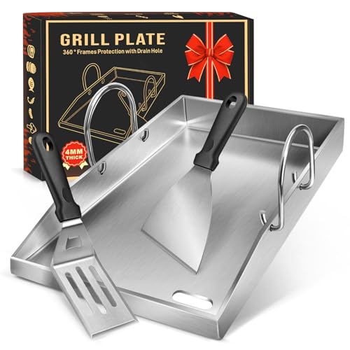 ColCospie Plancha Grill Plate with 2 Grill Spatulas Set, 4 mm Thick Stainless Steel BBQ with Removable Handle, for Gas and Charcoal Grill 40 x 30 x 4 cm