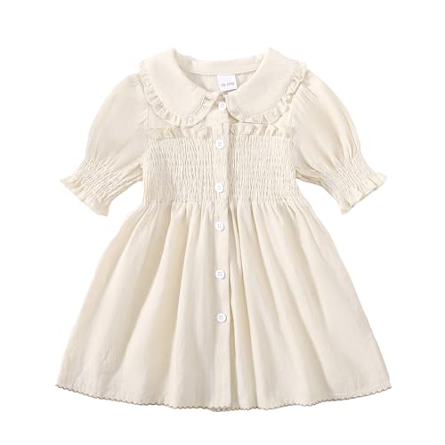 Image of YWFSHOP Baby Girls Dresses Ballon Sleeve Peter Pan Collar Vintage Toddler Girl Cotton Linen Dresses