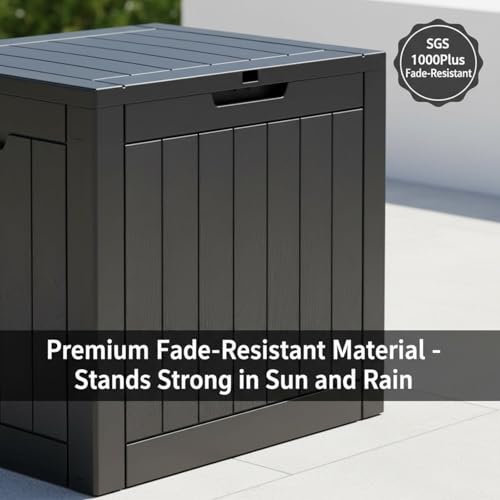 Image of 30 Gallon Resin Deck Box with Lockable Lid - Outdoor Waterproof Storage for Patio Furniture, Garden Tools, Cushions & Pool Accessories, Wood Grain Design, All-Weather Durable (Black, 1 Pack)